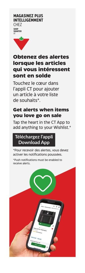 Circulaire Canadian Tire - Page 35. La page promeut l'application Canadian Tire, invitant à "Magasiner plus intelligemment". Elle explique comment obtenir des alertes sur les articles en solde en ajoutant des produits à une liste de souhaits via l'icône de cœur dans l'application. Un bouton "Téléchargez l'appli" est présent. Une note précise que les notifications poussées doivent être activées pour recevoir les alertes. L'image montre un grand cœur vert sur un fond rouge, et une main tenant un téléphone affichant l'application avec un produit.
