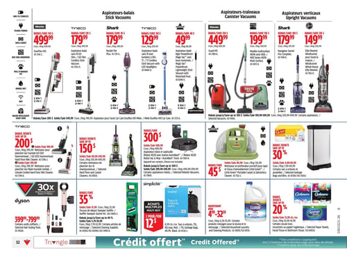 Circulaire Canadian Tire - Page 38. La page présente une variété d'aspirateurs et de produits de nettoyage. Dans la section des aspirateurs-balais, on trouve le Miele Duoflex HXL à 499,99 $ (rég. 649,99 $), le Tineco GO Slim sans fil à 179,99 $ (rég. 299,99 $), le Shark Rocket Pet Plus à 179,99 $ (rég. 249,99 $) et le Tineco sans fil avec lumières à DEL à 129,99 $ (rég. 259,99 $). La section des aspirateurs-traîneaux inclut le Miele Guard M à 449,99 $ (rég. 699,99 $), le Kenmore multisurface HEPA série 400 à 199,99 $ (rég. 349,99 $) et le Shark Navigator Swivel Pro Complete à 179,99 $ (rég. 279,99 $). Pour les aspirateurs verticaux, le Hoover Elite Rewind Windtunnel est offert à 149,99 $ (rég. 359,99 $). En bas de page, des rabais sont offerts sur les nettoyeurs de plancher dur Tineco GO H2O Hammerhead (jusqu'à 200 $ de rabais, rég. 399,99 $) et Tineco LiteVak (jusqu'à 150 $ de rabais, rég. 299,99 $), ainsi que sur le robot iRobot 4020 (jusqu'à 300 $ de rabais, rég. 599,99 $). Les outils coiffants Dyson sont disponibles entre 399,99 $ et 799,99 $, avec 30 fois les primes en Argent CT. Des produits de nettoyage sont aussi en vedette : la trousse de départ Simplicity Sweeper avec 35 % de rabais (rég. 25,99 $), certains articles de nettoyage Simplicity avec 40 % de rabais (rég. 5,79 $ à 39,99 $), les sacs à ordures Glad à 2 pour 12 $ (rég. 8,99 $ chacun), le nettoyant ménager Clorox entre 4,99 $ et 32,39 $, le nettoyeur en profondeur portatif Bissell Little Green avec 45 $ de rabais (rég. 134,99 $), et les mouchoirs Cashmere ou essuie-tout Sponge Towels avec jusqu'à 20 % de rabais (rég. 15,99 $ chacun).