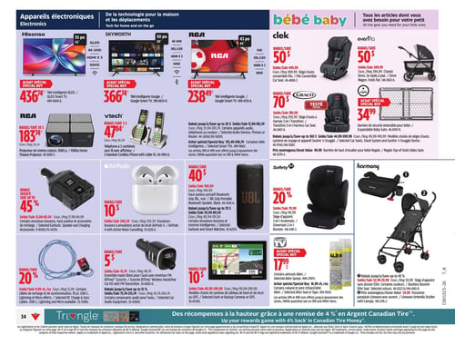 Circulaire Canadian Tire - Page 41. La page est divisée en deux sections principales : "Appareils électroniques" et "bébé baby".
Dans la section "Appareils électroniques" :
Un téléviseur intelligent QLED 4K UHD Hisense de 55 po est offert à 436,74 $. Un téléviseur intelligent Google 4K UHD Skyworth de 50 po est à 366,74 $. Un téléviseur intelligent Google FHD RCA de 43 po est à 238,49 $. Un projecteur de cinéma maison 1080p RCA est à 183,74 $. Un téléphone sans fil Vtech à 2 combinés est à 47,84 $. Des rabais jusqu'à 20 $ sont offerts sur certains appareils audio, téléphones ou routeurs, et jusqu'à 50 $ sur certains téléviseurs intelligents.
Un onduleur de puissance 100 watts bénéficie d'un rabais de 45 %. Des écouteurs-boutons sans fil AirPods 4 avec réduction active du bruit sont à 10 $ de rabais. Un haut-parleur portable Bluetooth JBL est à 40 $ de rabais. Certains câbles de recharge et de synchronisation USB-C, Lightning et Micro sont à 20 % de rabais. Un émetteur FM sans fil est à 5 % de rabais. Des modèles choisis de caméras de tableau de bord ou de recul sont à 10 $ de rabais.
Dans la section "bébé baby" :
Un siège d'auto convertible Clek Fillo est à 50 $ de rabais. Un chariot Evenflo Omni est à 50 $ de rabais. Un siège d'auto Graco 3-en-1 est à 70 $ de rabais. Une barrière de sécurité extensible Regalo est à 34,99 $. Des rabais jusqu'à 160 $ sont offerts sur certains sièges d'auto, systèmes de voyage et appareils Soothe 'n Snuggle.
Un siège d'appoint Safety 1st Growmate 2-en-1 est à 20 % de rabais. Des aérosols Alien sont offerts à 17,99 $. Des rabais jusqu'à 45 % sont appliqués sur le siège d'appoint sans dossier Elite. Une poussette parapluie avec auvent est à 34,99 $.
