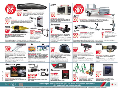 Circulaire Canadian Tire - Page 42. La page présente des offres sur des accessoires automobiles et de plein air. En haut à gauche, rabais jusqu'à 185 $ sur la boîte de toit Thule Convoy XT, à partir de 639,99 $. Au centre, rabais de 100 $ sur la station d'alimentation portable Energizer ARC 300 Pro, 288 Wh, à 299,99 $. À droite, rabais jusqu'à 200 $ sur la remorque utilitaire galvanisée Stirling Plus avec hayon à rampe, capacité de 1500 lb, à partir de 2508,99 $. En dessous, rabais de 70 $ sur le porte-vélos d'attelage Raleigh à deux bras, capacité de 132 lb, à 279,99 $. À côté, rabais de 60 $ sur le porte-kayak de toit Thule Hull-a-Port Pro 835, capacité de 75 lb, à 239,99 $. Puis, rabais de 30 $ sur le porte-vélo de coffre SportRack pour 3 vélos, capacité de 152 lb, à 119,99 $. Un rabais de 5 $ est offert sur la barre d'attelage Motomaster, à 49,99 $. Un autre rabais de 200 $ est disponible sur la remorque de bateau galvanisée Stirling, capacité de 970 lb, à partir de 1508,99 $. Un cric de remorque pivotant Motomaster, capacité de 1000 lb, est à 50,99 $ avec un rabais de 5 $. Économisez jusqu'à 100 $ sur certains modèles de porte-vélo et porte-embarcation, et jusqu'à 40 $ sur certains paniers d'attelage, crics et roues de remorque. Plus bas, rabais de 100 $ sur la paire de rampes de chargement CargoMaster en acier, capacité de 700 lb, à 149,99 $. Rabais jusqu'à 20 % sur les produits d'entretien pour VR Citra-Pak et le papier hygiénique à dissolution rapide Scott, à partir de 13,49 $. Rabais de 50 $ sur le casque de moto Motomaster, offert en plusieurs tailles, à partir de 149,99 $. Rabais de 90 $ sur le treuil synthétique Champion avec télécommande sans fil, 4500 lb, à 259,99 $. Un autre treuil Champion pour VTT/VUTT, 3000 lb, est à 349,99 $ avec un rabais de 190 $. Économisez jusqu'à 100 $ sur certains treuils Champion. En bas à gauche, un paquet de 2 ampoules de phare à DEL Motomaster OE+ est à 10 $. Des rétroviseurs de remorquage Motomaster sont offerts à des prix avantageux de 54,99 $ à 104,99 $. Rabais jusqu'à 25 % sur les sangles à cliquet et élastiques Motomaster, à partir de 8,79 $. Rabais jusqu'à 50 % sur les bâches certifiées Mastercraft, à partir de 13,59 $. Enfin, obtenez 10x points Triangle sur le stabilisateur de carburant Motomaster.