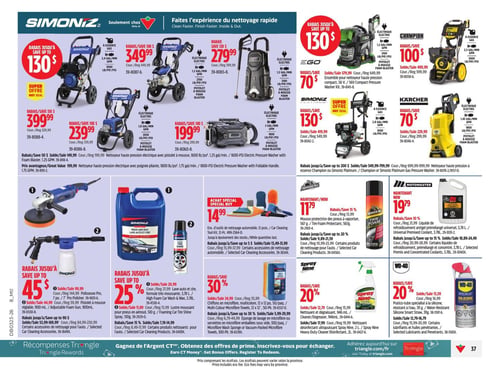 Circulaire Canadian Tire - Page 44. La page présente des offres sur des produits d'entretien et de nettoyage pour l'automobile. En haut, plusieurs nettoyeurs haute pression sont en vedette. Économisez jusqu'à 130 $ sur les nettoyeurs haute pression Simoniz, incluant un modèle à essence de 3000 lb/po² à 349,99 $ (rég. 449,99 $) et un modèle électrique de 2700 lb/po² à 279,99 $ (rég. 399,99 $). Un nettoyeur haute pression Simoniz de 1800 lb/po² est à 239,99 $ (rég. 339,99 $) et un autre de 2050 lb/po² est à 199,99 $ (rég. 299,99 $). Un nettoyeur haute pression compact EGO de 56 volts est offert avec 70 $ de rabais. Économisez 100 $ sur le nettoyeur haute pression à essence Champion de 3000 lb/po² et 70 $ sur le nettoyeur haute pression électrique Karcher de 1800 lb/po². Dans la section centrale, économisez jusqu'à 45 $ sur une polisseuse orbitale Simoniz de 7 pouces ou un pistolet à mousse ajustable Simoniz. Un kit d'outils de nettoyage automobile de 12 pièces est en spécial à 14,99 $. Économisez jusqu'à 25 % sur le lave-auto et cire Simoniz de 3,78 litres ou la mousse protectrice pour pneus Simoniz de 510 grammes. Plusieurs produits d'entretien sont également en promotion : le protecteur de pneus Armor All de 567 grammes est à 1,79 $ (rég. 1,99 $). Le liquide de refroidissement universel prémélangé Motomaster de 3,78 litres est à 1,99 $ (rég. 2,19 $). Économisez 30 % sur les chiffons en microfibre multicolores de 12 x 12 pouces, paquet de 50. Économisez 20 % sur le nettoyant dégraissant Spray Nine de 946 millilitres et sur le lubrifiant silicone Smart Straw WD-40 de 311 grammes.