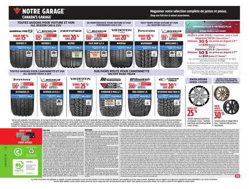 Circulaire Canadian Tire - Page 46. La page est dédiée aux pneus et jantes de "Notre Garage".

La section "Toutes saisons pour voiture et VUM" présente :
- General Tire EverTrek GT : Rabais de 15 %. Cote de performance route 92,3.
- Michelin Defender 2 : Rabais de 125 $ avec remise instantanée à l'achat de 4 pneus. Cote de performance route 91,5.
- Certified AllTrek : Rabais de 20 %. Cote de performance route 90,5.
- Michelin Pilot Sport A/S 4 : Rabais de 130 $ avec remise instantanée à l'achat de 4 pneus. Cote de performance route 98,3.
- Vredestein Hypertac : Rabais de 20 %. Cote de performance route 95,9.
- Firestone Weathergrip : Rabais de 15 %. Cote de performance route 85,8.
- Michelin Crossclimate 2 : Rabais de 135 $ avec remise instantanée à l'achat de 4 pneus. Cote de performance route 93,2.

La section "Toutes saisons pour camionnette et VUS / Sur/hors route pour camionnette" propose :
- Firestone Destination LE3 : Rabais de 120 $ avec remise instantanée à l'achat de 4 pneus. Cote de performance route 94,2.
- Michelin Defender LTX M/S 2 : Rabais de 160 $ avec remise instantanée à l'achat de 4 pneus. Cote de performance route 93,2.
- Vredestein Pinza AT : Rabais de 25 %. Cote de performance hors route 94,1/97,2.
- Motomaster Eliminator X-Trail A/T : Rabais de 100 $ à l'achat de 4 pneus. Cote de performance hors route 97,6/99,6.
- BFGoodrich Trail-Terrain T/A : Rabais de 200 $ avec remise instantanée à l'achat de 4 pneus. Cote de performance hors route 95,8/93,2.
- Cooper Tires Discoverer Road-Trail AT : Rabais de 20 %. Cote de performance hors route 97,0/92,9.

La section "Jantes pour voiture/VUM/VUS/camionnette" inclut :
- Enjoliveurs : Rabais de 25 % sur certains enjoliveurs AutoTrends et DriveStyle, paquets de 4.
- Jantes en alliage : Rabais jusqu'à 30 % sur certaines jantes en alliage CRW et Envy.
- Jantes en acier : Rabais jusqu'à 30 % sur certaines jantes en acier CRW et Envy.

Une promotion "Dépensez plus, obtenez plus" est également mise en avant, valable du 4 au 11 juin 2026 :
- Dépensez 150 $ ou plus, obtenez 30 $ de prime en Argent CT ou 30 $ en Argent CT.
- Dépensez 250 $ ou plus, obtenez 50 $ de prime en Argent CT ou 50 $ en Argent CT.
De nombreux petits caractères détaillent les conditions des offres et des remises.