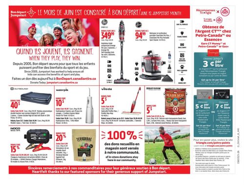Circulaire Canadian Tire - Page 47. La page met en avant la campagne "Bon départ Jumpstart" pour le mois de juin, encourageant les dons pour soutenir le sport et le jeu des enfants, illustrée par une photo de jeunes souriants. Le texte principal indique "Quand ils jouent, ils gagnent" et invite à faire un don sur bondepart.canadiantire.ca.

Deux produits Hoover sont présentés : un aspirateur-balai aspirant à 349,99 $ et un nettoyeur en profondeur portatif à 94,99 $.

La section Récompenses Triangle et Petro-Points offre la possibilité d'obtenir de l'Argent CT chez Petro-Canada ou Essence, avec jusqu'à 3 $ par litre de carburant en récompenses Triangle, 5 $ par litre avec une carte Mastercard Triangle et 7 $ par litre avec une carte World Elite Mastercard. Plus de détails sont disponibles sur triangle.com/petro-points.

En bas de page, on trouve plusieurs offres : un matelas pneumatique Outbound double hauteur avec pompe intégrée à 40 % de rabais, un hydropulseur Waterpik Express sans fil pour les voyages à 10 $ de rabais, une vadrouille Vileda Promist Max à 5 $ de rabais, une teinture semi-transparente Rust-Oleum Ready Seal à 5 $ de rabais, des chargeurs/mainteneurs de batterie NOCO Genius à 15 % de rabais, et un stimulateur de sol naturelle Terrabrae de 2 kg à 20 % de rabais.

Une note indique que 100 % des dons recueillis en magasin sont versés à notre communauté, accompagnée d'une photo d'un enfant jouant au soccer. La page se termine par des remerciements aux commanditaires pour leur généreux soutien à Bon départ.