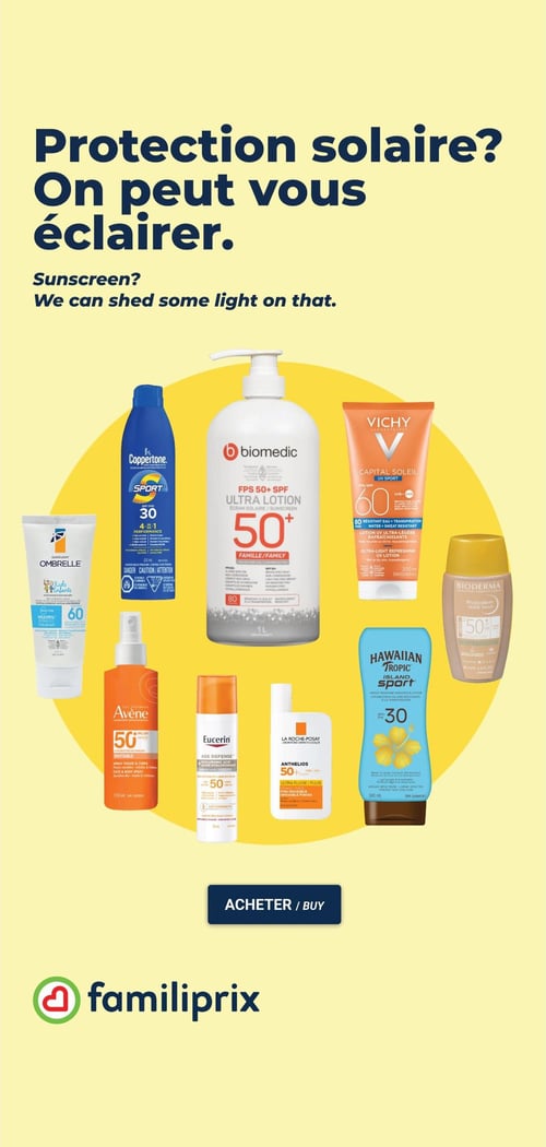 Familiprix - Page 8. La page est dédiée à la protection solaire avec le titre "Protection solaire? On peut vous éclairer." en français et en anglais. Neuf produits solaires sont présentés sur un fond jaune clair. De gauche à droite et de haut en bas, on trouve: une crème solaire Garnier Ombrelle Kids FPS 60 de 120 ml, un vaporisateur Coppertone Sport FPS 30 de 222 ml, une ultra lotion Biomedic FPS 50+ de 1 litre, une lotion UV Vichy Capital Soleil UV Sport FPS 60 de 200 ml, un spray Avène Invisible visage et corps FPS 50+ de 150 ml, une crème Eucerin Age Defense à l'acide hyaluronique FPS 50 de 75 ml, un fluide La Roche-Posay Anthelios Ultra FPS 50 de 50 ml, une lotion Hawaiian Tropic Island Sport FPS 30 de 240 ml et un Photoderm Nude Touch Bioderma FPS 50+ de 40 ml. Un bouton "Acheter" est visible en bas de la page, suivi du logo Familiprix.