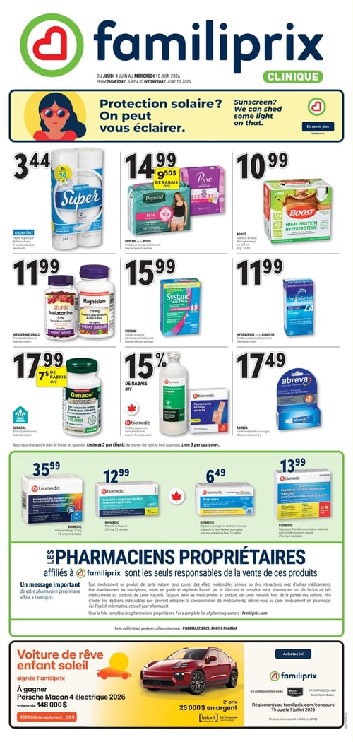 Circulaire Familiprix - Page 1. Valide du 4 au 10 juin 2026. La page débute avec une bannière sur la protection solaire, invitant à s'informer. La première rangée de produits inclut le papier hygiénique essentiel Super, 8 rouleaux doubles, à 3,44 $; les produits Depend ou Poise sélectionnés à 14,99 $ avec 9,50 $ de rabais; et le substitut de repas hyperprotéiné Boost, 6 x 237 ml, à 10,99 $. La deuxième rangée présente les gélifiés Mélatonine 5 mg ou Magnésium de Webber Naturals à 11,99 $; les gouttes oculaires lubrifiantes Systane Ultra, 10 ml, à 15,99 $; et les gouttes oculaires Hydrasense ou Claritin sélectionnées à 11,99 $. La troisième rangée propose le Genacol OVO-Flex sélectionné à 17,99 $ avec 7 $ de rabais; une sélection de produits de premiers soins Biomedic (alcool à friction composé 450 ml, pansements en tissu assortis 80 unités) avec 15 % de rabais; et le traitement des feux sauvages Abreva, 2 g, à 17,49 $. Une limite de 3 par client s'applique sur ces offres. Une section dédiée aux produits Biomedic offre les comprimés Allergies 10 mg, 84 unités, à 35,99 $; l'Ibuprofène en gélules liquides 200 mg, 72 capsules, à 12,99 $; le Naproxen, 24 caplets, à 6,49 $; et le Régulateur d'acidité concentration maximale, 25 comprimés/tablettes, à 13,99 $. Un message important des pharmaciens propriétaires affiliés à Familiprix souligne leur responsabilité exclusive dans la vente de ces produits et l'importance de lire les inscriptions et de consulter un pharmacien pour tout médicament ou produit de santé naturel. En bas de page, un concours "Voiture de rêve enfant soleil" offre la chance de gagner une Porsche Macan 4 électrique 2026 d'une valeur de 148 000 $ ou 25 000 $ en argent. 3500 billets sont disponibles à 125 $ chacun, avec un tirage le 7 juillet 2026.