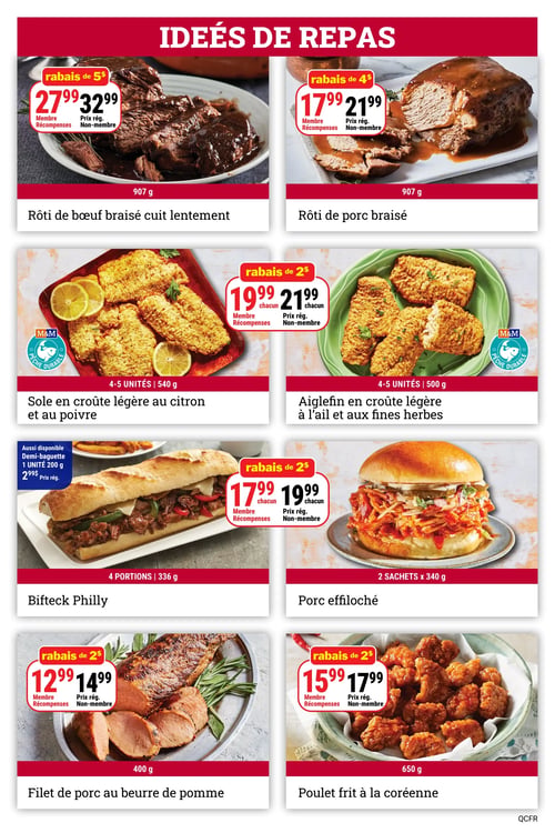 Circulaire Les Aliments M&M - Page 3. La page, intitulée "IDÉES DE REPAS", présente huit produits. En haut, le rôti de bœuf braisé cuit lentement (907 g) est à 27,99 $ pour les membres Récompenses (32,99 $ prix régulier), avec un rabais de 5 $. À côté, le rôti de porc braisé (907 g) est à 17,99 $ pour les membres (21,99 $ prix régulier), avec un rabais de 4 $. Ensuite, la sole en croûte légère au citron et au poivre (4-5 unités, 540 g) est à 19,99 $ chacun pour les membres (21,99 $ prix régulier), avec un rabais de 2 $. Un logo "Pêche Durable" est visible. L'aiglefin en croûte légère à l'ail et aux fines herbes (4-5 unités, 500 g) est aussi à 19,99 $ chacun pour les membres (21,99 $ prix régulier), avec un rabais de 2 $ et le même logo. Plus bas, le bifteck Philly (4 portions, 336 g) est présenté, sans prix affiché pour le produit principal. Une demi-baguette de 200 g est aussi disponible à 2,99 $ prix régulier. Le porc effiloché (2 sachets de 340 g) est à 17,99 $ chacun pour les membres (19,99 $ prix régulier), avec un rabais de 2 $. Enfin, le filet de porc au beurre de pomme (400 g) est à 12,99 $ pour les membres (14,99 $ prix régulier), avec un rabais de 2 $. Le poulet frit à la coréenne (650 g) est à 15,99 $ pour les membres (17,99 $ prix régulier), avec un rabais de 2 $.