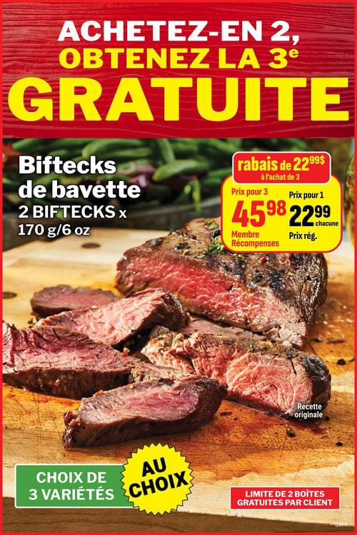 Circulaire Les Aliments M&M - Page 5. La page met en vedette une offre sur les biftecks de bavette : "Achetez-en 2, obtenez la 3e gratuite". Chaque paquet contient 2 biftecks de 170 grammes. Le rabais représente une valeur de 22,99 $ à l'achat de 3 paquets. Pour les membres Récompenses, 3 paquets coûtent 45,98 $. Le prix régulier d'un paquet est de 22,99 $. Il y a un choix parmi 3 variétés. Une limite de 2 boîtes gratuites par client est appliquée. Une petite note "Recette originale" est visible.