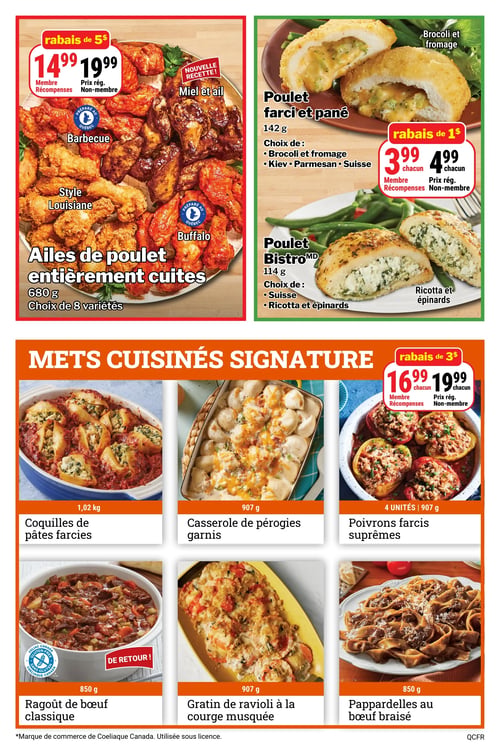 Les Aliments M&M - Page 8. La page présente des offres sur des plats préparés. En haut à gauche, les ailes de poulet entièrement cuites, préparées au Québec, sont offertes en 8 variétés (Miel et ail, Barbecue, Style Louisiane, Buffalo) en format de 680 g. Elles sont à 14,99 $ pour les membres Récompenses et 19,99 $ prix régulier, soit un rabais de 5 $. En haut à droite, le poulet farci et pané de 142 g est disponible en saveurs Brocoli et fromage, Kiev, Parmesan ou Suisse. Il est à 3,99 $ pour les membres Récompenses et 4,99 $ prix régulier, soit un rabais de 1 $. Juste en dessous, le poulet Bistro de 114 g est proposé en saveurs Suisse ou Ricotta et épinards. La section "Mets Cuisinés Signature" présente six plats. En haut, les coquilles de pâtes farcies de 1,02 kg, la casserole de pérogies garnis de 907 g, et les poivrons farcis suprêmes (4 unités, 907 g) à 16,99 $ pour les membres Récompenses et 19,99 $ prix régulier, soit un rabais de 3 $. En bas, le ragoût de bœuf classique de 850 g (sans gluten et de retour), le gratin de ravioli à la courge musquée de 907 g, et les pappardelles au bœuf braisé de 850 g.