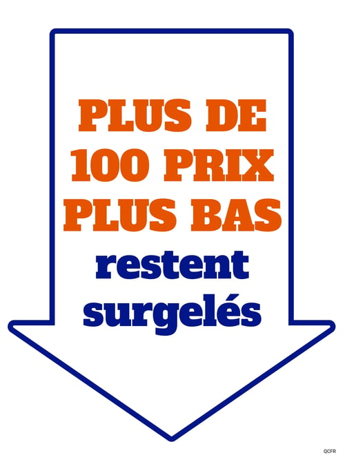 Les Aliments M&M - Page 12. La page présente une grande flèche bleue pointant vers le bas sur un fond blanc. À l'intérieur de la flèche, un message en gros caractères orange et bleu indique : "PLUS DE 100 PRIX PLUS BAS restent surgelés".