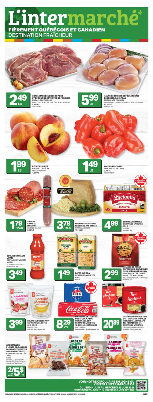 Circulaire L’intermarché - Page 1. La page débute avec une bannière "Prix Fous du Mois de juin". Trois offres de produits sont présentées : les craquelins Crispers ou Méli-Mélo Christie, certaines variétés de 145 g, à 1,88 $; les céréales Cheerios ou Croque Cannelle, certaines variétés de 260 à 292 g, à 2 $; et les côtes de dos de porc entièrement cuites, certaines variétés de 680 g, à 7,50 $. La page se termine par une section "Plus bas prix, plus gros rabais" et des informations légales précisant que l'offre est valable du 1er au 30 juin 2026, jusqu'à épuisement des stocks, avec des limites de quantités.