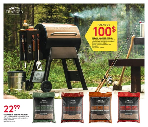 Matério - Page 2. La page met en vedette un barbecue aux granules Traeger "PRO 22" avec un rabais de 100 $. Ce BBQ de 120 V et 250 W possède une capacité de trémie de 18 livres, deux grilles en acier recouvertes de porcelaine et une surface de cuisson de 572 pouces carrés. Il inclut un cordon d'alimentation de 6 pieds et son prix courant est de 799,99 $. Le code du produit est SA02252. En bas de page, quatre sacs de granules de bois dur Traeger Premium sont offerts à 22,99 $ chacun. Chaque sac contient 20 livres de granules de qualité supérieure, complètement naturelles. Les choix d'arôme incluent mesquite, mélange signature, hickory ou pommier. Les codes de produit sont SA07030-32-34-36.