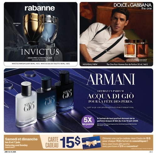 Circulaire Jean Coutu - Page 4. La page met en vedette des parfums pour hommes et une promotion de carte-cadeau. En haut à gauche, Rabanne présente son nouveau parfum Invictus Élixir 100 ml à 192 $ et l'Eau de Toilette 100 ml à 160 $. En haut à droite, Dolce & Gabbana propose le nouveau parfum The One pour Homme Eau de Parfum 50 ml à 146 $. Au centre, Armani met en avant les parfums Acqua di Giò pour la Fête des Pères, avec une offre de 5x les points à l'achat de tout parfum de la gamme Acqua di Giò, valide du 4 au 10 juin 2026. En bas de page, une promotion spéciale pour les samedi 6 et dimanche 7 juin permet d'obtenir une carte-cadeau Jean Coutu de 15 $ pour chaque 75 $ d'achat de cosmétiques.