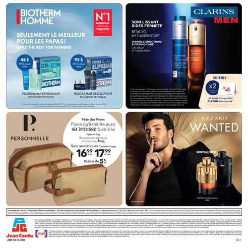 Circulaire Jean Coutu - Page 6. La page met en vedette des offres pour la Fête des Pères. En haut à gauche, Biotherm Homme, la marque de soins prestige pour homme numéro 1 mondial, propose deux programmes : le programme revitalisant à 48 $ (valeur de 69 $) incluant le gel Aquapower, et le programme resculptant à 95 $ (valeur de 123 $) avec la crème Force Supreme. En haut à droite, Clarins Men présente un soin lissant rides fermeté avec un effet lift en 1 application, et offre 2x timbres Club PJC à l'achat d'un produit Clarins sélectionné, incluant le Double Sérum. En bas à gauche, la marque Personnelle propose des sacs cosmétiques pour la Fête des Pères à 16,99 $ à 17,99 $ l'unité, avec un rabais de 5 $. En bas à droite, la nouveauté Azzaro Wanted Absolu est présentée à 180 $, avec une image de Sebastián Yatra. Une offre générale mentionne une carte-cadeau Jean Coutu de 15 $ pour chaque 75 $ d'achat de cosmétiques, valide les 6 et 7 juin.