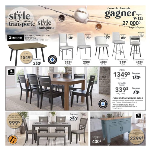 Circulaire Meubles Mont-Laurier - Page 2. La page s'ouvre sur une promotion pour courir la chance de gagner 27 000 $ en prix, avec un avion en arrière-plan. La marque Amisco est mise en avant pour sa personnalisation simplifiée. On y voit une table à manger à 1549 $ (rég. 1799 $), permettant d'économiser 250 $. Ce produit est "Fait au Québec". À côté, cinq modèles de chaises et tabourets sont présentés : une chaise à 329 $ (rég. 379 $), une autre à 259 $ (rég. 329 $), une troisième à 499 $ (rég. 629 $), un tabouret à 319 $ (rég. 399 $) et un autre à 429 $ (rég. 559 $). Les économies varient de 50 $ à 130 $ par article. Au centre de la page, un ensemble de salle à manger de la marque Canadel, "Fait au Québec", est illustré. La table est offerte à 1349 $ (rég. 1599 $), avec une économie de 150 $. Une chaise assortie est à 339 $ (rég. 399 $), économisant 60 $. Il est possible de personnaliser chaque détail avec plus de 60 couleurs, motifs et styles. En bas à gauche, un mobilier de cuisine 6 pièces de Signature Design by Ashley est affiché à 999 $ (rég. 1249 $), permettant une économie de 250 $. L'assemblage est requis pour cet ensemble. Enfin, en bas à droite, un îlot de boucher de la marque Canadel est proposé à 2399 $ (rég. 2799 $), avec une économie de 400 $.