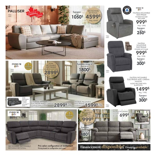 Circulaire Meubles Mont-Laurier - Page 3. La page présente plusieurs meubles inclinables. En haut à gauche, un sectionnel Palliser en tissu, fabriqué au Canada, est offert à 4599 $ (régulier 5649 $), permettant une économie de 1050 $. À droite, un fauteuil inclinable électrique Podium gsd en tissu, fait au Québec, est à 999 $ (régulier 1249 $), avec une économie de 250 $. Un fauteuil souleveur électrique en tissu est à 999 $ (régulier 1299 $), avec une économie de 300 $. Un fauteuil inclinable électrique avec cinéma maison et Bluetooth est à 1499 $ (régulier 1799 $), avec une économie de 300 $. Au centre, la section Podium gsd propose des économies allant jusqu'à 1800 $. Un sofa inclinable électrique à 3 moteurs en tissu est à 2899 $ (régulier 3499 $). Une causeuse inclinable électrique avec console est également disponible à 2899 $ (régulier 3499 $), offerte en tissu et aussi en combo cuir. Un fauteuil inclinable électrique est à 1599 $ (régulier 2199 $). En bas à gauche, un sectionnel inclinable Podium gsd à 3 moteurs est offert en cuir ou tissu, avec un prix selon la configuration et le revêtement. À droite, un sofa inclinable manuel Signature Ashley est à 999 $ (régulier 1399 $), avec des économies allant jusqu'à 480 $. Un fauteuil inclinable manuel en tissu est à 699 $ (régulier 869 $). Le financement est disponible.