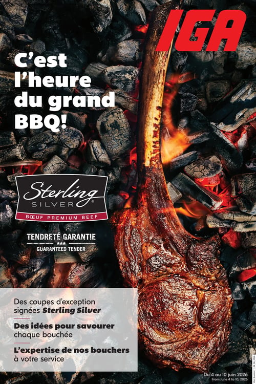 Circulaire IGA - Page 1. La page d'accueil présente une grande image d'un steak tomahawk grillant sur des charbons ardents, avec des flammes. Le titre principal en haut à gauche est "C'est l'heure du grand BBQ!". Au centre gauche, le logo Sterling Silver est affiché avec la mention "Bœuf premium". Juste en dessous, il est indiqué "Tendreté garantie". Dans le coin inférieur gauche, un encadré semi-transparent contient les textes : "Des coupes d'exception signées Sterling Silver", "Des idées pour savourer chaque bouchée" et "L'expertise de nos bouchers à votre service". Les dates de validité de la circulaire, du 4 au 10 juin 2026, sont affichées en bas à droite.