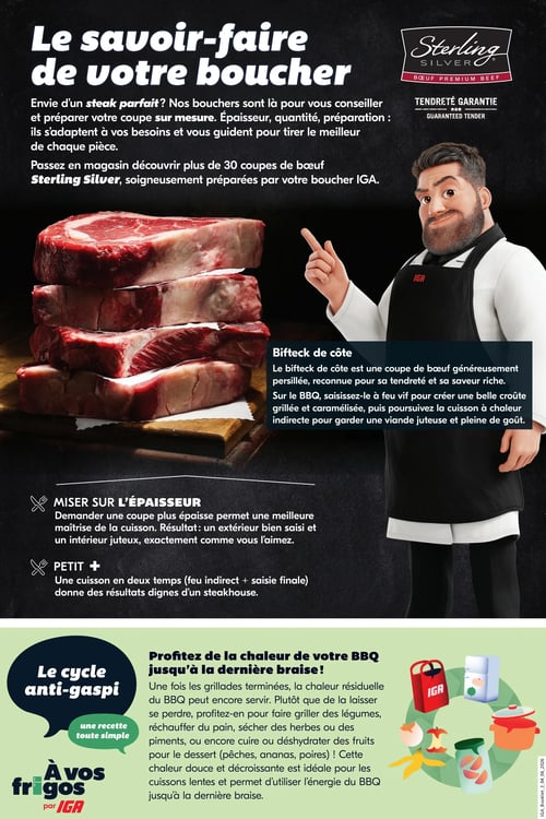 Circulaire IGA - Page 3. La page met en avant le savoir-faire du boucher IGA et la viande de bœuf Sterling Silver. On y voit une illustration d'un boucher souriant pointant vers une pile de biftecks de côte crus, généreusement persillés. Le texte explique que les bouchers IGA conseillent sur l'épaisseur, la quantité et la préparation des coupes, et qu'ils offrent plus de 30 coupes de bœuf Sterling Silver. Des conseils de cuisson sont donnés pour le bifteck de côte, incluant la saisie à feu vif et la cuisson indirecte, ainsi que l'importance de l'épaisseur de la coupe et la cuisson en deux temps pour un résultat "steakhouse". La section inférieure, intitulée "Le cycle anti-gaspi", suggère d'utiliser la chaleur résiduelle du BBQ après les grillades pour cuire des légumes, réchauffer du pain, sécher des herbes ou des fruits comme des pêches, ananas et poires, afin de profiter de l'énergie jusqu'à la dernière braise. Aucune promotion ou prix n'est affiché sur cette page.