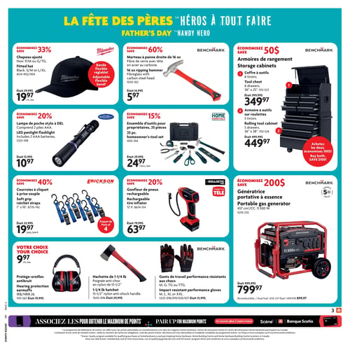 Circulaire Home Hardware - Page 4. La page est dédiée à la Fête des Pères, avec le thème "Le héros à tout faire".

En haut, on trouve un chapeau ajusté Milwaukee noir à 19,97 $ (économisez 33 %, était 29,99 $). À côté, un marteau à panne droite Benchmark de 16 oz avec tête en acier au carbone à 5,97 $ (économisez 60 %, était 14,99 $). Puis, des armoires de rangement Benchmark : un coffre à outils de 6 tiroirs (36 po x 25 po) à 349,97 $ (était 399,99 $) et une armoire à outils sur roulettes de 5 tiroirs (36 po x 38 po) à 449,97 $ (était 499,99 $). Un rabais de 100 $ est offert à l'achat des deux.

Au centre, une lampe de poche stylo à DEL Police Security avec 2 piles AAA à 10,97 $ (économisez 20 %, était 13,99 $). Un ensemble d'outils Home Essentials de 35 pièces pour propriétaires à 24,97 $ (économisez 15 %, était 29,99 $). Un gonfleur de pneus rechargeable Bullseye Pro de 12 V à 63,97 $ (économisez 20 %, était 79,99 $).

En bas, un paquet de 4 courroies à cliquet Erickson à prise souple à 19,97 $ (économisez 40 %, était 33,99 $). Une section "Votre choix" propose des protège-oreilles antibruit, une hachette de 1-1/4 lb avec poignée anti-choc en nylon de 15-1/2 po, et des gants de travail Benchmark résistants aux chocs (tailles M, G, TG ou TTG), tous à 9,97 $ chacun. Enfin, une génératrice portative à essence bicombustible Benchmark de 11 500 W à 799,97 $ (économisez 200 $, était 999,99 $), avec une garantie limitée de 5 ans.

Le bas de page mentionne le programme de fidélisation Scène+.