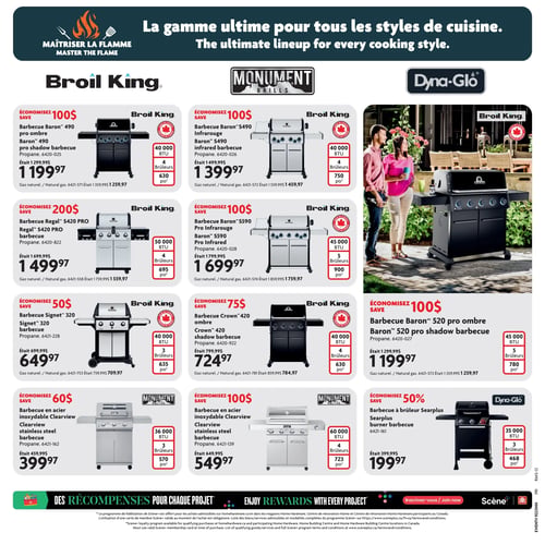 Circulaire Home Hardware - Page 13. La page est dédiée aux barbecues, avec le titre "La gamme ultime pour tous les styles de cuisine." Plusieurs modèles Broil King sont en vedette : le Baron 490 pro ombre, à propane, est à 1199,97 $ (était 1299,99 $), une économie de 100 $, offrant 40 000 BTU, 4 brûleurs et 630 pieds carrés de surface de cuisson; le Baron S490 Infrarouge, à propane, à 1399,97 $ (était 1499,99 $), une économie de 100 $, avec 40 000 BTU, 4 brûleurs et 750 pieds carrés de surface de cuisson; le Baron 520 pro ombre, à propane, à 1199,97 $ (était 1299,99 $), une économie de 100 $, avec 45 000 BTU, 5 brûleurs et 780 pieds carrés de surface de cuisson; le Regal S420 PRO, à propane, à 1499,97 $ (était 1699,99 $), une économie de 200 $, équipé de 50 000 BTU, 4 brûleurs et 695 pieds carrés de surface de cuisson; le Baron S590 Pro Infrarouge, à propane, à 1699,97 $ (était 1799,99 $), une économie de 100 $, offrant 45 000 BTU, 5 brûleurs et 900 pieds carrés de surface de cuisson; le Signet 320, à propane, à 649,97 $ (était 699,99 $), une économie de 50 $, avec 40 000 BTU, 3 brûleurs et 635 pieds carrés de surface de cuisson; et le Crown 420 ombre, à propane, à 724,97 $ (était 799,99 $), une économie de 75 $, disposant de 40 000 BTU, 4 brûleurs et 630 pieds carrés de surface de cuisson. Pour tous les modèles Broil King, une option au gaz naturel est aussi disponible. Deux barbecues Monument Clearview en acier inoxydable sont également présentés : un modèle à propane à 399,97 $ (était 459,99 $), une économie de 60 $, offrant 36 000 BTU, 3 brûleurs et 570 pieds carrés de surface de cuisson; et un autre modèle à propane à 549,97 $ (était 649,99 $), une économie de 100 $, avec 60 000 BTU, 4 brûleurs et 723 pieds carrés de surface de cuisson. Enfin, le barbecue Dyna-Glo Searplus à brûleur est à 199,97 $ (était 399,99 $), une économie de 50 %, doté de 35 000 BTU, 3 brûleurs et 468 pieds carrés de surface de cuisson. Le bas de page mentionne "Des récompenses pour chaque projet" et invite à s'inscrire à Scène+.
