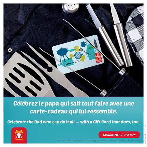 Home Hardware - Page 14. L'image de fond présente un tablier de barbecue foncé sur lequel sont posés divers ustensiles de cuisson en acier inoxydable, tels qu'une spatule, une fourchette à viande, des brochettes et des couteaux. Au centre, une carte-cadeau Home Hardware est visible, illustrée avec des icônes de barbecue et d'accessoires de cuisine. Le texte principal en bas de page, sur un fond turquoise, indique : "Célébrez le papa qui sait tout faire avec une carte-cadeau qui lui ressemble." Un bouton rouge invite à "MAGASINER".