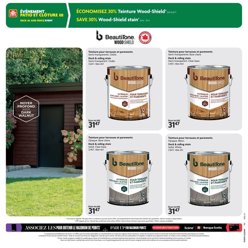 Circulaire Home Hardware - Page 16. La page met en vedette un événement patio et clôture. Économisez 30 % sur la teinture Wood-Shield (formats de 3,4 L à 3,7 L). Une grande image montre un cabanon teinté en couleur Noyer Profond. Quatre teintures Beautitone Wood-Shield pour terrasses et parements sont présentées, toutes à 31,47 $ (anciennement 44,99 $): 1. Teinture semi-transparente, couleur Cèdre, 3,64 L. 2. Teinture semi-transparente, base claire, 3,40 L. 3. Teinture opaque, base claire, 3,40 L. 4. Teinture opaque, couleur Blanc, 3,64 L. En bas de page, une section invite à associer les achats pour obtenir le maximum de points.