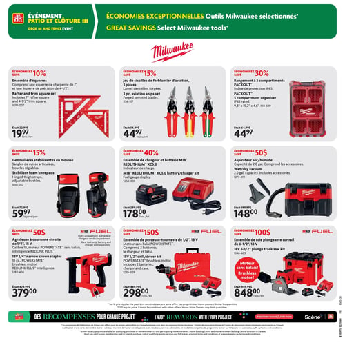 Circulaire Home Hardware - Page 18. La page met en vedette des économies exceptionnelles sur une sélection d'outils Milwaukee. En haut, on trouve un ensemble d'équerres à 19,97 $ (économisez 10 %), un jeu de 3 cisailles de ferblantier d'aviation à 44,97 $ (économisez 15 %) et un rangement PACKOUT à 5 compartiments à 44,97 $ (économisez 30 %). Au centre, des genouillères stabilisantes en mousse sont offertes à 59,97 $ la paire (économisez 15 %), un ensemble de chargeur et batterie M18 REDLITHIUM XC5.0 à 178,00 $ (économisez 40 %) et un aspirateur sec/humide de 2,0 gallons à 148,00 $ (économisez 50 $). En bas, une agrafeuse à couronne étroite de 1/4" 18 V est à 379,00 $ (économisez 50 $), un ensemble de perceuse-tournevis de 1/2" 18 V avec moteur sans balais, 2 batteries, chargeur et étui est à 298,00 $ (économisez 150 $) et un ensemble de scie plongeante sur rail de 6-1/2" 18 V avec moteur sans balais est à 848,00 $ (économisez 100 $). Un bandeau en bas de page mentionne "DES RÉCOMPENSES POUR CHAQUE PROJET".