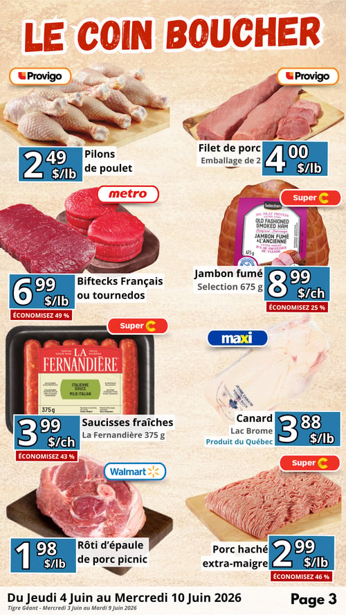 Circulaire en Ligne - Page 3. La page est intitulée "Le Coin Boucher" et présente diverses offres de viande. On y trouve des pilons de poulet Provigo à 2,49 $ la livre, et du filet de porc Provigo en emballage de 2 à 4,00 $ la livre. Les biftecks Français ou tournedos Metro sont offerts à 6,99 $ la livre, avec un rabais de 49 %. Le jambon fumé Selection Super C de 675 g est à 8,99 $ chacun, économisez 25 %. Les saucisses fraîches La Fernandière Super C de 375 g sont à 3,99 $ chacun, avec un rabais de 43 %. Le canard Lac Brome Maxi, un produit du Québec, est à 3,88 $ la livre. Le rôti d'épaule de porc picnic Walmart est à 1,98 $ la livre. Enfin, le porc haché extra-maigre Super C est à 2,99 $ la livre, économisez 46 %.