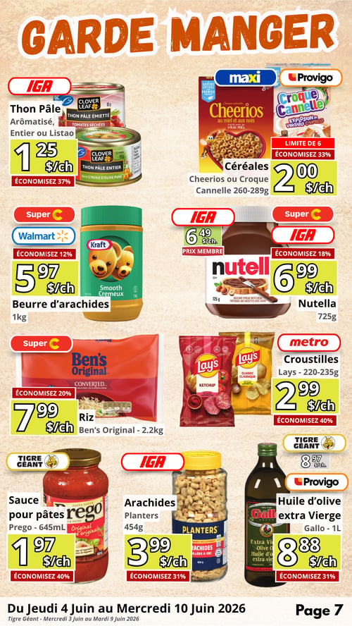 Circulaire en Ligne - Page 7. La page, intitulée "GARDE MANGER", présente plusieurs offres d'épicerie. En haut à gauche, IGA propose le thon pâle aromatisé, entier ou listao à 1,25 $ l'unité, économisez 37 %. En haut à droite, chez Maxi et Provigo, les céréales Cheerios ou Croque Cannelle de 260-289g sont à 2,00 $ l'unité, avec une limite de 6 et 33 % d'économie. Au centre gauche, Super C et Walmart offrent le beurre d'arachides Kraft de 1kg à 5,97 $ l'unité, économisez 12 %. Au centre droit, IGA et Super C affichent le Nutella de 725g à 6,99 $ l'unité pour les membres IGA, économisez 18 %. Plus bas à gauche, le riz Ben's Original de 2,2kg est à 7,99 $ l'unité chez Super C, économisez 20 %. À sa droite, Metro propose les croustilles Lay's de 220-235g à 2,99 $ l'unité, économisez 40 %. En bas à gauche, chez Tigre Géant, la sauce pour pâtes Prego de 645ml est à 1,97 $ l'unité, économisez 40 %. Au centre en bas, IGA présente les arachides Planters de 454g à 3,99 $ l'unité, économisez 31 %. Enfin, en bas à droite, Tigre Géant et Provigo offrent l'huile d'olive extra vierge Gallo de 1 litre à 8,88 $ l'unité, économisez 31 %. Ces offres sont valides du jeudi 4 juin au mercredi 10 juin 2026.