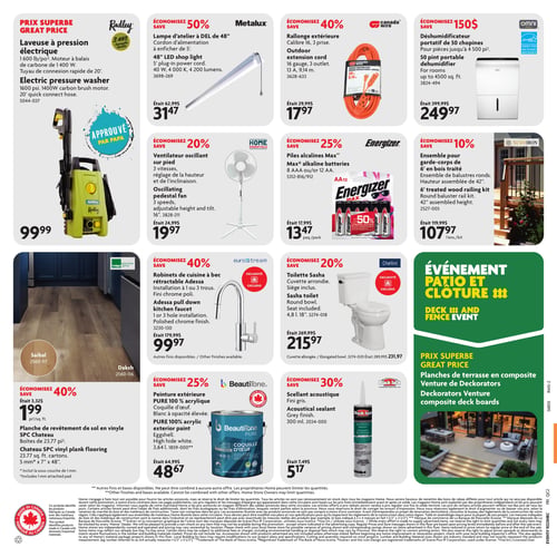Circulaire Home Hardware - Page 2. La page présente plusieurs offres pour la maison et le jardin. On y trouve une laveuse à pression électrique Radley de 1600 lb/po² avec un moteur de 1400 W et un tuyau de 20 pieds, à 99,99 $. Une lampe d'atelier Metalux DEL de 48 pouces est offerte à 31,47 $ (anciennement 62,99 $), soit 50 % de rabais. Une rallonge extérieure Canada Wire de calibre 16, 3 prises, 9,14 mètres, est à 17,97 $ (anciennement 29,99 $), soit 40 % de rabais. Un déshumidificateur portatif Omni de 50 chopines pour des pièces jusqu'à 4500 pieds carrés est à 249,97 $ (anciennement 399,99 $), soit 150 $ de rabais. Un ventilateur oscillant sur pied Home Essentials à 3 vitesses est à 19,97 $ (anciennement 24,99 $), soit 20 % de rabais. Des piles alcalines Energizer Max, 8 AAA ou 12 AA, sont à 13,47 $ le paquet (anciennement 17,99 $), soit 25 % de rabais. Un ensemble pour garde-corps en bois traité Nuvo Iron de 6 pieds, hauteur assemblée de 42 pouces, est à 107,97 $ l'ensemble (anciennement 119,99 $), soit 10 % de rabais. Des planches de revêtement de sol en vinyle SPC Chateau, boîtes de 23,77 pieds carrés, 5 mm d'épaisseur, sont à 1,99 $ le pied carré (anciennement 3,32 $), soit 40 % de rabais, disponibles en couleurs Saibal et Daksh. Un robinet de cuisine à bec rétractable Adessa Eurostream, fini chrome poli, est à 99,97 $ (anciennement 179,99 $), soit 40 % de rabais. Une toilette Sasha Chelini avec cuvette arrondie et siège inclus, 4,8 litres, est à 215,97 $ (anciennement 269,99 $), soit 20 % de rabais; une cuvette allongée est aussi disponible à 231,97 $. De la peinture extérieure BeautiTone Pure 100 % acrylique, coquille d'œuf, blanc à opacité élevée, 3,64 litres, est à 48,67 $ (anciennement 64,99 $), soit 25 % de rabais. Un scellant acoustique Black Jack, fini gris, 300 ml, est à 5,17 $ (anciennement 7,49 $), soit 30 % de rabais. Enfin, un "Événement Patio et Clôture" met en vedette des planches de terrasse en composite Venture de Deckorators.