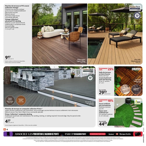 Circulaire Home Hardware - Page 6. La page présente des options de revêtements de terrasse et de gazon artificiel. En haut, des planches de terrasse en PVC avancé Collection Vintage de TimberTech, garanties 50 ans, sont offertes à 9,97 $ le pied linéaire. Elles sont disponibles en Noyer anglais et Teck vieilli. En bas à gauche, des planches de terrasse en composite Collection Prime+ de TimberTech, garanties 25 ans, sont à 4,27 $ le pied linéaire. Les couleurs disponibles sont Cacao foncé, Coconut Husk et Gris sel de mer. À droite, une dalle de terrasse en bois d'acacia Q-Acacia est en promotion à 29,97 $ la boîte de 10 pieds carrés, une économie de 25 % sur le prix régulier de 39,99 $. Elle est offerte en Teck doré, Naturel et Espresso. Juste en dessous, un gazon artificiel See Green de 6 pieds par 8 pieds est à 44,97 $, soit 10 % de rabais sur le prix de 49,99 $. La page inclut également une section pour associer les achats et obtenir le maximum de points Scène+.