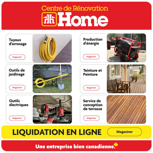 Circulaire Home Hardware - Page 23. Cette page est une page de répertoire présentant différentes catégories de produits et services. Elle est organisée en une grille de six sections. À gauche, on trouve les catégories "Tuyaux d'arrosage", "Outils de jardinage" et "Outils électriques". À droite, les catégories sont "Production d'énergie", "Teinture et Peinture" et "Service de conception de terrasse". Chaque section est illustrée par une image pertinente et inclut un bouton "Magasiner". En bas de page, une grande bannière jaune annonce une "Liquidation en ligne" avec un bouton "Magasiner". La page se termine par le slogan "Une entreprise bien canadienne" sur un fond rouge.