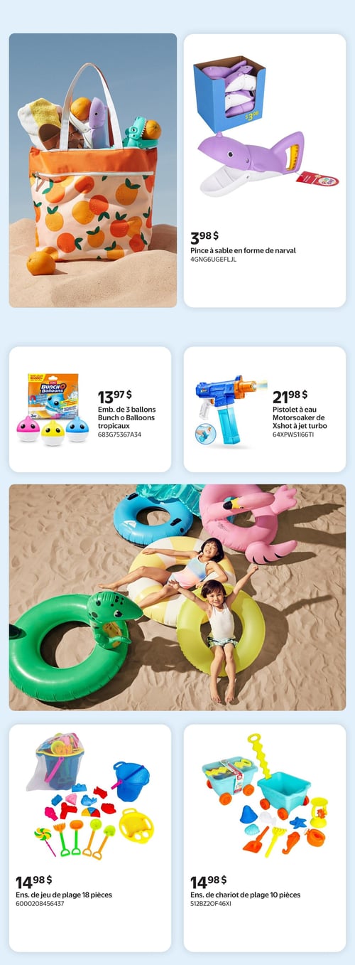 Walmart - Page 3. La page présente des articles pour l'été et la plage. Une grande photo montre un sac de plage à motifs d'oranges rempli d'accessoires de plage sur le sable. Une pince à sable en forme de narval violet est offerte à 3,98 $. Un emballage de 3 ballons Bunch o Balloons tropicaux est disponible pour 13,97 $. Un pistolet à eau Motorsoaker de X-Shot à jet turbo est affiché à 21,98 $. Une grande image centrale montre deux enfants souriants jouant sur le sable avec des flotteurs gonflables en forme de flamant rose, de crocodile et des bouées jaunes et bleues. Un ensemble de jeu de plage de 18 pièces, incluant un seau et des pelles, coûte 14,98 $. Un ensemble de chariot de plage de 10 pièces est également disponible pour 14,98 $.