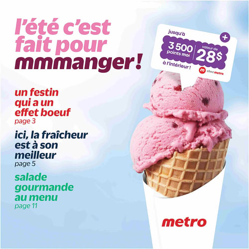 Circulaire Metro - Page 1. La page titre affiche en gros caractères le slogan "L'été c'est fait pour mmmanger!". Sur la droite, une grande photo montre un cornet de crème glacée avec deux boules roses, garnies de petits fruits rouges. Une bulle de dialogue violette au-dessus du cornet indique une offre "jusqu'à 3500 points moi" d'une "valeur de 28 $" à l'intérieur de la circulaire, avec le logo "m chez metro". Sur la gauche, des renvois vers d'autres pages sont listés : "un festin qui a un effet boeuf" à la page 3, "ici, la fraîcheur est à son meilleur" à la page 5, et "salade gourmande au menu" à la page 11. Le logo Metro est visible en bas à droite.