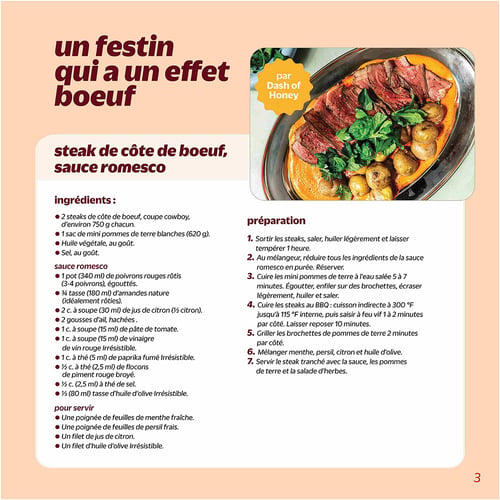 Circulaire Metro - Page 7. Cette page est dédiée à une recette intitulée "Un festin qui a un effet boeuf : Steak de côte de boeuf, sauce romesco". Une grande photo du plat fini, avec des tranches de steak, des pommes de terre et de la sauce, occupe la partie droite. La recette, "par Dash of Honey", liste les ingrédients pour le steak (coupe cowboy, pommes de terre) et pour la sauce romesco (poivrons rôtis, amandes, jus de citron, ail, pâte de tomate, vinaigre, paprika fumé, piment, sel, huile d'olive). Les étapes de préparation sont détaillées, de la cuisson du steak au BBQ à la présentation finale avec des herbes fraîches.