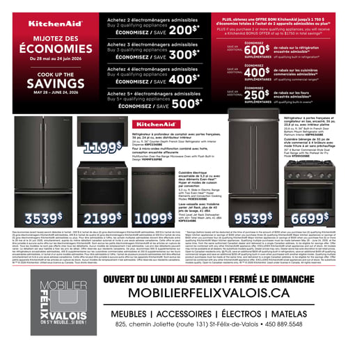 Circulaire Mobilier Félix Valois - Page 4. La page met en vedette les "Économies KitchenAid" valides du 28 mai au 24 juin 2026. Des rabais sont offerts à l'achat de plusieurs électroménagers admissibles : économisez 200 $ pour 2, 300 $ pour 3, 400 $ pour 4, et 500 $ pour 5 ou plus. De plus, un boni KitchenAid additionnel jusqu'à 1 750 $ est disponible, incluant 600 $ de rabais sur la réfrigération encastrée admissible, 400 $ sur les cuisinières commerciales admissibles et 250 $ sur les fours encastrés admissibles.

Six électroménagers KitchenAid sont présentés :
1. Un réfrigérateur à profondeur de comptoir avec portes françaises, 36 pouces, 24 pieds cubes, et distributeur intérieur, modèle KRFC236SBE, à 3539 $.
2. Un four à micro-ondes multifonction combiné avec hotte, conception encastrée affleurante, modèle YKMMF530PBE, à 1199 $.
3. Une cuisinière électrique encastrable de 5,3 pieds cubes avec deux éléments Even-Heat et modes de cuisson par convection, modèle YKSES530SBE, à 2199 $.
4. Un lave-vaisselle avec troisième panier et plus de 40 jets de lavage, 41 dBA, modèle KDFS324SBE, à 1099 $.
5. Un réfrigérateur à portes françaises et congélateur en bas, encastré, 36 pouces, 20,8 pieds cubes, avec intérieur platine, modèle KBFN536SBE, à 9539 $.
6. Une cuisinière biénergie de 30 pouces de style commercial à 4 brûleurs avec mode friture à air sans préchauffage, modèle KFDS930SBE, à 6699 $.

En bas de page, les informations du magasin indiquent : "Ouvert du lundi au samedi | Fermé le dimanche", le site web "Mobilierfelixvalois.ca", et les catégories de produits "Meubles | Accessoires | Électros | Matelas". L'adresse est 825, chemin Joliette (route 131) St-Félix-de-Valois, avec le numéro de téléphone 450 889.5548.