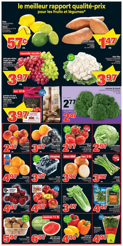 Circulaire Super C - Page 4. La page met en vedette une variété de fruits et légumes. En haut à gauche, les limes ou citrons du Mexique sont à 0,57 $ chacun. À droite, les patates douces des États-Unis sont à 1,47 $ la livre. En dessous, les raisins extra gros rouges ou verts sans pépins du Mexique sont à 3,97 $ la livre. Le chou-fleur des États-Unis ou du Mexique est à 3,97 $ chacun, avec une option biologique à 4,47 $. Les pommes de terre Russet ou rouge à chair jaune du Québec, en sac de 10 livres, sont à 3,97 $. Les couronnes de brocoli des États-Unis ou du Mexique sont à 2,77 $ (prix réduit) ou 2,47 $ avec la carte membre. Plus bas, les pêches ou nectarines des États-Unis sont à 2,97 $ la livre. Les prunes noires ou abricots des États-Unis sont à 3,97 $ la livre. Les tomates rouges en grappe du Canada sont à 2,77 $ la livre, avec une option biologique à 3,97 $ la livre. La laitue iceberg des États-Unis ou du Mexique est à 2,97 $ chacune. Les clémentines d'Afrique du Sud, en sac de 2 livres, sont à 4,97 $. Les bleuets des États-Unis ou du Mexique, en chopine, sont à 3,97 $, avec une option biologique de 170 grammes au même prix. Les oignons jaunes Vidalia des États-Unis, en sac de 3 livres, sont à 3,97 $. Les asperges du Canada sont à 3,97 $ la livre. En bas de page, les cerises de Washington sont à 4,97 $ la livre. Les pommes Empire ou Spartan du Québec, en sac de 3 livres, sont à 4,97 $. Le céleri des États-Unis ou du Mexique est à 3,47 $ chacun. La salade Attitude ou Good Leaf des États-Unis ou du Canada, en format de 113 à 142 grammes, est à 4,47 $, avec une option biologique à 4,97 $. Les kiwis du Chili, de Grèce ou d'Italie, en contenant de 1 livre, sont à 5,97 $, avec une option biologique à 5,47 $ la livre. Le gros melon d'eau entier sans pépins des États-Unis ou du Mexique, d'environ 11 livres, est à 6,97 $. Les poivrons de couleurs de Serre du Canada, en paquet de 2 unités, sont à 4,97 $, avec une option biologique de 2 unités au même prix. Enfin, les fines herbes Basilic du Québec, en pot de 4 pouces, sont à 4,97 $.