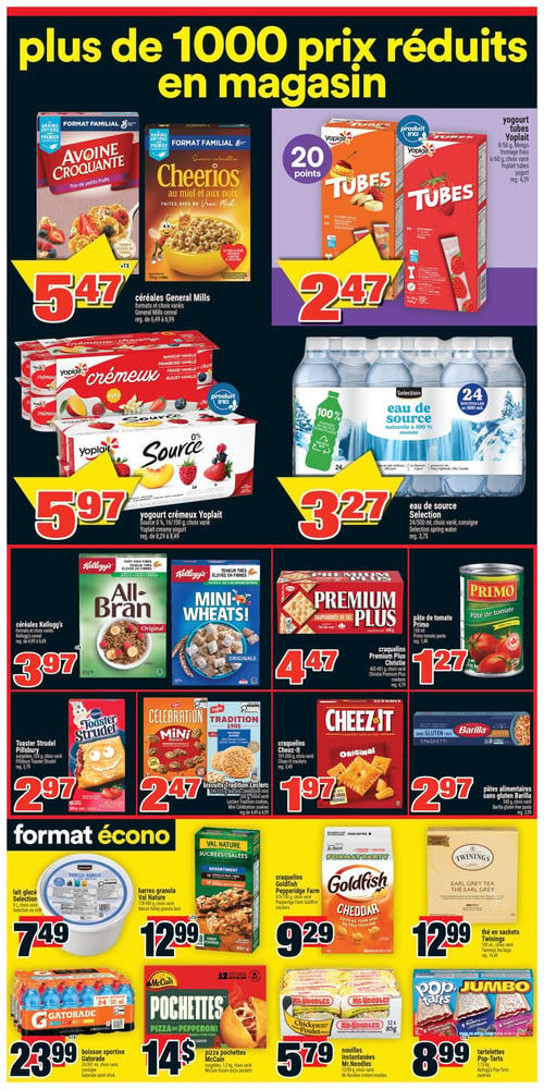 Circulaire Super C - Page 6. La page met en vedette "plus de 1000 prix réduits en magasin". On y trouve les céréales General Mills, incluant Avoine Croquante et Cheerios au miel et aux noix, en formats familiaux à 5,47 $. Le yogourt tubes Yoplait, en formats de 8/56 g ou 6/60 g, est à 2,47 $ et donne 20 points. Le yogourt crémeux Yoplait, incluant les variétés Crémeux et Source 0%, en formats de 16/100 g, est à 5,97 $. L'eau de source Selection, en paquet de 24 bouteilles de 500 ml, est à 3,27 $. Les céréales Kellogg's, comme All-Bran et Mini-Wheats, sont offertes à 3,97 $. Les craquelins Premium Plus Christie, 402-481 g, sont à 4,47 $. La pâte de tomate Primo, 156 ml, est à 1,27 $. Les Toaster Strudel Pillsbury, 326 g, sont à 2,97 $. Les biscuits Tradition Leclerc, incluant les variétés Mini et Tradition, 240-325 g, sont à 2,47 $. Les craquelins Cheez-It, 191-200 g, sont à 1,97 $. Les pâtes alimentaires sans gluten Barilla, 340 g, sont à 2,97 $. Dans la section "format écono", le lait glacé Selection, 4 litres, est à 7,49 $. Les barres granola Val Nature, 728-980 g, sont à 12,99 $. Les craquelins Goldfish Pepperidge Farm, 616-750 g, sont à 9,29 $. Le thé en sachets Twinings Earl Grey, 100 unités, est à 12,99 $. Enfin, la boisson sportive Gatorade, en paquet de 24/591 ml, est à 23,99 $. Les pizza pochettes McCain, 1,2 kg, sont à 14,00 $. Les nouilles instantanées Mr. Noodles, 12/85 g, sont à 5,79 $. Les tartelettes Pop-Tarts Jumbo, 1,15 kg, sont à 8,99 $.