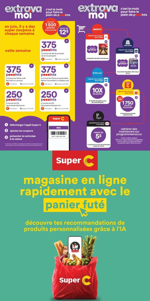 Circulaire Super C - Page 10. La page est dédiée au programme de fidélité Extravamoi. En juin, il est possible d'accumuler plus de 1500 points, d'une valeur de 12 $. Cette semaine, Super C propose plusieurs super coupons : 375 points à l'achat de 15 $ de produits de la boulangerie; 375 points à l'achat de 15 $ de café McCafé ou Lavazza; 375 points à l'achat de 15 $ de produits Mère Michel, Schneiders ou Maple Leaf; 250 points à l'achat de 10 $ de produits Starbucks; et 250 points à l'achat de 10 $ de boissons BodyArmor. Tous ces coupons Super C sont valides jusqu'au 17 juin 2026. D'autres offres Extravamoi sont disponibles chez différents partenaires : chez Metro, obtenez des craquelins de pita TownHouse gratuits avec un coupon dans l'application; chez Jean Coutu, recevez des mouchoirs Scotties ultra doux, 52 unités, gratuits avec un coupon dans l'application; chez Brunet, obtenez 10 fois les points à l'achat de 40 $ ou plus de cosmétiques avec un coupon dans l'application; chez Super C, accumulez 1750 points (valeur de 14 $) à l'achat de produits sélectionnés avec un coupon dans l'application; et chez Première Moisson, bénéficiez d'un rabais de 5 $ à l'achat d'un duo de tartinades en présentant votre carte moi, jusqu'au 14 juin. Pour profiter de ces offres, il faut télécharger l'application Super C, ajouter les coupons et présenter la carte moi à la caisse. Il est également possible d'adhérer au programme sur programmemoi.ca. La partie inférieure de la page promeut le magasinage en ligne Super C avec le "panier futé", permettant de découvrir des recommandations de produits personnalisées grâce à l'IA. Une image montre un sac d'épicerie rouge Super C rempli de fruits et légumes, avec un téléphone affichant une icône de panier d'achat.