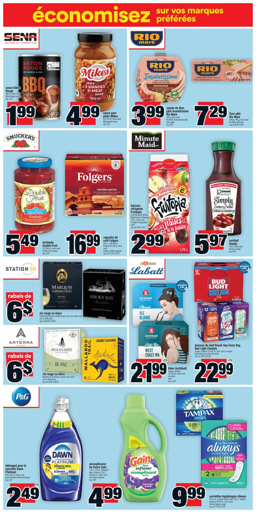 Circulaire Super C - Page 12. La page présente des offres sur plusieurs catégories de produits, organisées en rangées. En haut, la sauce Bâton Rouge BBQ de 398 ml est à 1,99 $. La sauce pour pâtes Mikes de 410 à 700 ml est à 4,99 $. La salade de thon Insalatissime Rio Mare de 160 g est à 3,99 $. Le thon pâle Rio Mare, en format de 3 x 80 g ou 195 g, est à 7,29 $. Au centre, la tartinade Double Fruit Smucker's de 375 à 500 ml est à 5,49 $. Les capsules de café moulu Folgers de 30 unités sont à 16,99 $. La boisson réfrigérée Fruitopia de 1,75 L est à 2,99 $. Le cocktail Simply de 1,54 L est à 5,97 $. Deux offres de rabais de 6 $ sont disponibles sur les vins rouges ou blancs de 4 L : Marquis de Méricourt ou Smoky Bay, et Wallaroo Trail ou Nicolas Laloux. La bière Archibald, en caisse de 12 canettes de 355 ml, est à 21,99 $. La boisson de malt Beach Day Every Day ou Bud Light Chelada, en caisse de 12 canettes de 355 ml, est à 22,99 $. En bas de page, le détergent pour la vaisselle Dawn Platinum de 431 ml est à 2,49 $. L'assouplisseur de tissus Gain de 1,53 L ou 120 unités est à 4,99 $. Enfin, les serviettes hygiéniques Always (20 à 36 unités) ou les tampons Tampax (34 à 40 unités) sont à 9,99 $.