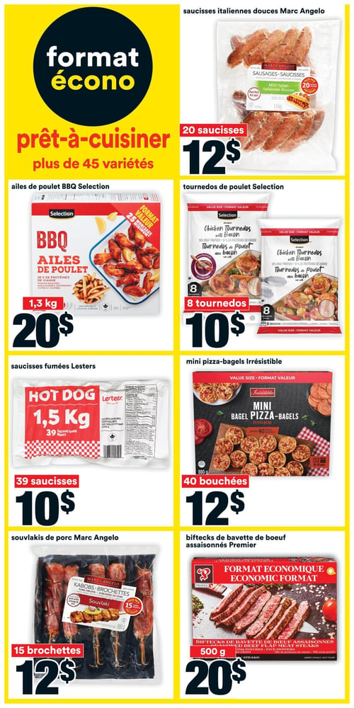 Circulaire Super C - Page 14. Cette page met en vedette des produits "prêt-à-cuisiner" en "format écono", offrant plus de 45 variétés. On y trouve les saucisses italiennes douces Marc Angelo, un paquet de 20 saucisses (1,4 kg) pour 12 $. Les ailes de poulet BBQ Selection de 1,3 kg sont à 20 $. Les tournedos de poulet Selection avec bacon, en paquet de 8 (904 g), sont offerts à 10 $. Les saucisses fumées Lesters (Hot Dog) de 1,5 kg, contenant 39 saucisses, sont à 10 $. Les mini pizza-bagels Irrésistibles au pepperoni, environ 40 bouchées (880 g), coûtent 12 $. Les souvlakis de porc Marc Angelo, un paquet de 15 brochettes (900 g), sont à 12 $. Enfin, les biftecks de bavette de bœuf assaisonnés Premier, en format économique de 500 g, sont à 20 $.