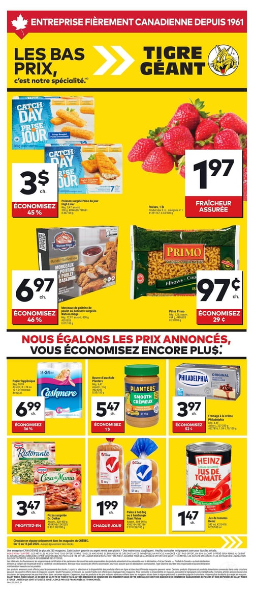 Circulaire Tigre Géant - Page 1. La page d'accueil met en avant les « Bas Prix » du magasin. En haut à gauche, le poisson surgelé Prise du jour est offert à 3 $ chacun, permettant une économie de 45 %. À droite, les fraises de 1 livre sont à 1,97 $. En dessous, les morceaux de poitrine de poulet panés Watson Ridge de 800 g sont à 6,97 $ chacun, avec 46 % d'économie. À côté, les pâtes Primo de 454 g sont à 0,97 $ chacun, avec 29 ¢ d'économie. Une bannière rouge au centre de la page indique « Nous égalons les prix annoncés, vous économisez encore plus. » La section inférieure présente une grille de produits : le papier hygiénique Cashmere (8 ou 12 rouleaux) est à 6,99 $ chacun, avec 36 % d'économie. Le beurre d'arachide crémeux Planters de 1 kg est à 5,47 $ chacun, avec 1 $ d'économie. Le fromage à la crème Philadelphia de 227-250 g est à 3,97 $ chacun, avec 52 ¢ d'économie. La pizza surgelée Dr. Oetker (Ristorante ou Casa di Mama) de 320-400 g est à 3,47 $ chacun. Les pains à hot-dog ou à hamburger Giant Value de 504-540 g sont à 1,99 $ chacun. Enfin, le jus de tomates Heinz de 540 ml est à 1,47 $ chacun.