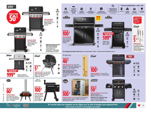 Circulaire Canadian Tire - Page 3. La page présente une variété de barbecues et d'accessoires. En haut à gauche, deux barbecues Weber Spirit sont offerts avec 50 $ de rabais : le modèle E-425 à 649,99 $ (rég. 699,99 $) et le modèle E-325 à 549,99 $ (rég. 599,99 $). Un rabais allant jusqu'à 50 $ est aussi disponible sur certains barbecues et thermomètres. Au centre, un barbecue Napoleon Rogue 625 est en super offre à 899,99 $ (rég. 999,99 $). Un barbecue Napoleon Rebel au gaz naturel est à 599,99 $. Un ensemble de 3 ustensiles de barbecue en inox est à 5 $ (rég. 11,99 $). En bas à gauche, le barbecue Ninja FlexFlame est à 999,99 $. Un barbecue portatif au charbon Master Chef est à 5 $ (rég. 34,99 $). Le thermomètre sans fil Meater 2 Plus Bluetooth est à 139,99 $ (rég. 179,99 $), avec des rabais allant jusqu'à 50 $ sur certains thermomètres. Le barbecue Master Chef Grill Turismo est à 399,99 $ (rég. 499,99 $). Le four à pizza multi-combustibles Ooni Karu 12 po est à 539,99 $ (rég. 599,99 $), avec 60 $ de rabais. Le barbecue à granules Traeger Pro 575 Pellet Grill noir est à 899,99 $ (rég. 999,99 $), avec 100 $ de rabais. Le fumoir électrique numérique vertical Bradley à 4 grilles est à 499,99 $ (rég. 599,99 $), avec 100 $ de rabais. Enfin, le barbecue Coleman Revolution II est à 499,99 $ (rég. 549,99 $), avec 50 $ de rabais, et le modèle à 2 brûleurs est à 379,99 $ (rég. 449,99 $), avec 70 $ de rabais.