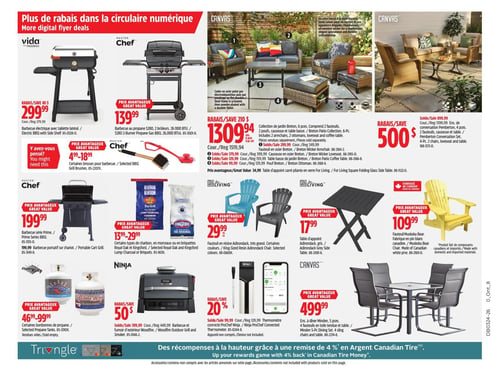 Circulaire Canadian Tire - Page 4. La page présente des articles pour le barbecue et le mobilier de jardin. En haut à gauche, un barbecue électrique Vida Paderno avec tablette latérale est à 299,99 $, et un barbecue au propane Master Chef S280 de 2 brûleurs est à 139,99 $. Des brosses pour barbecue sont offertes de 4,99 $ à 18,99 $. Au centre gauche, un barbecue portable Master Chef Série Prime est à 199,99 $. Divers types de charbon de bois Royal Oak et Kingsford sont disponibles de 13,99 $ à 29,99 $. Des bonbonnes de propane Flame King sont en vente de 46,99 $ à 99,99 $. Un barbecue et fumoir d'extérieur Ninja Woodfire bénéficie d'un rabais de 50 $. Un thermomètre connecté ProChef Ninja est à 20 % de rabais. En haut à droite, une collection de jardin Breton de 6 pièces (comprenant 2 fauteuils, 2 poufs, une causeuse et une table basse) est à 1309,94 $. Un ensemble de conversation Pemberton de 4 pièces (2 fauteuils, une causeuse et une table) est à 500 $ de rabais. Au centre droit, des fauteuils Adirondack en résine, gris ou bleu, sont à 29,99 $ chacun. Une table d'appoint Adirondack grise est à 17,99 $. Un fauteuil Muskoka Bear en pin blanc, fabriqué au Canada, est à 109,99 $. Enfin, un ensemble de dîner Minden de 5 pièces (4 fauteuils en toile tendue et une table) est à 499,99 $. Le bas de page mentionne des récompenses avec une remise de 4 % en Argent Canadian Tire.