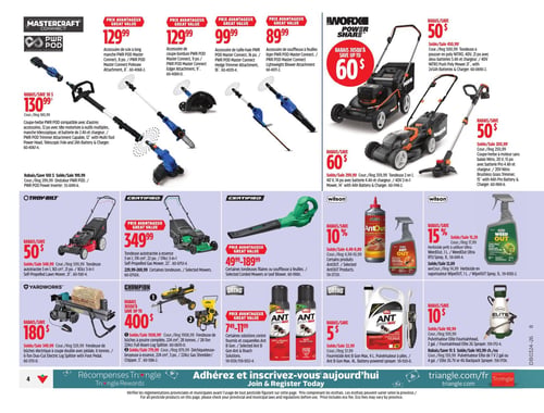 Circulaire Canadian Tire - Page 5. La page présente une variété d'outils électriques et de produits d'entretien extérieur. Dans la section Mastercraft PWR POD, on trouve un accessoire de scie à longue manche à 129,99 $, un accessoire de coupe-bordure à 129,99 $, un accessoire de taille-haie à 99,99 $ et un accessoire de souffleuse à feuilles à 89,99 $. Le coupe-herbe PWR POD avec accessoires multiples, manche télescopique, batterie et chargeur est à 130,99 $. Un onduleur PWR POD est offert à 199,99 $. Les produits Worx Power Share bénéficient de rabais allant jusqu'à 60 $. La tondeuse à pousser Worx Nitro 40 V avec deux batteries et chargeur est à 50 $ de rabais. La tondeuse 2 en 1 Worx 40 V avec batterie et chargeur est à 60 $ de rabais. Le coupe-herbe à moteur sans balais Worx Nitro 20 V avec batterie et chargeur est à 50 $ de rabais. Du côté des tondeuses, la tondeuse autotractée Troy-Bilt 3 en 1 de 163 cm³ est à 50 $ de rabais. La tondeuse autotractée Certified 3 en 1 de 174 cm³ est à 349,99 $. Certaines tondeuses filaires ou souffleuses à feuilles Certified sont offertes de 49,99 $ à 189,99 $. Les produits Wilson AntOut sont à 10 % de rabais, avec des prix variant de 4,49 $ à 9,89 $. L'herbicide prêt à utiliser Wilson WeedOut de 1 L est à 15 % de rabais, à 12,69 $. Pour les travaux plus lourds, la fendeuse de bûches Yardworks de 6 tonnes est à 180 $ de rabais. Les produits Champion offrent des rabais jusqu'à 400 $, incluant la fendeuse de bûches à poutre complète de 28 tonnes à 1508,99 $ et la déchiqueteuse-broyeuse à 779,99 $. Enfin, les solutions contre les fourmis et coquerelles Ortho Ant & Roach sont de 7,49 $ à 11,99 $. Le pulvérisateur Ortho Ant B Gon Max de 4 L est à 5 $ de rabais. Le pulvérisateur Elite Fountainhead de 2 gallons est à 10 $ de rabais, et le pulvérisateur à dos Elite 7 V ou 4 V est à 143,99 $.