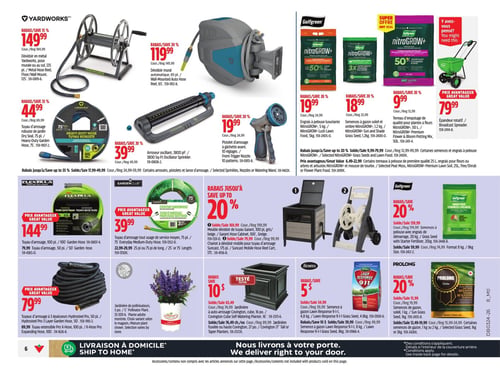 Circulaire Canadian Tire - Page 7. La page présente une variété d'articles pour l'entretien du jardin et de la pelouse. Dans la section Yardworks, on trouve un dévidoir en métal de 125 pieds à 149,99 $ (rabais 15 %), un dévidoir mural automatique de 65 pieds à 119,99 $ (rabais 20 %), un tuyau d'arrosage robuste de jardin de 75 pieds à 44,99 $ (rabais 35 %), un arroseur oscillant de 3800 pieds carrés à 39,99 $ (rabais 20 %) et un pistolet d'arrosage à gâchette avant à 10 réglages à 19,99 $ (rabais 20 %). Des rabais allant jusqu'à 35 % sont offerts sur certains arrosoirs, pistolets et lances d'arrosage. La section Golfgreen propose de l'engrais à pelouse luxuriante NitroGROW+ de 5 kg à 19,99 $ (rabais 20 %), des semences à gazon soleil et ombre NitroGROW+ de 1,2 kg à 18,99 $ (rabais 20 %), du terreau d'empotage NitroGROW+ de 50 litres à 9,99 $ (rabais 50 %) et un épandeur rotatif à 79,99 $. Des rabais jusqu'à 20 % sont offerts sur certaines semences et engrais à pelouse NitroGROW+, et des prix avantageux sur certains terreaux à pelouse de première qualité. Pour l'arrosage, un tuyau Flexzilla de 100 pieds est à 144,99 $, également disponible en 50 pieds à 79,99 $. Un tuyau d'arrosage tout usage Gardenclub de 75 pieds est à 39,99 $, aussi disponible en 25 ou 75 pieds. Des rabais jusqu'à 20 % sont offerts sur le meuble dévidoir de tuyau Garant de 100 pieds à 169,99 $ et le chariot à dévidoir mobile Suncast de 175 pieds à 139,99 $. On trouve aussi un tuyau d'arrosage à 3 épaisseurs Hydrosteel Pro de 50 pieds à 79,99 $, et un tuyau extensible Pro X-Hose de 100 pieds à 89,99 $. Une jardinière de pollinisateurs de 5 pouces avec 5 plantes est à 35,99 $. La jardinière Covington cube de 16 pouces est à 49,99 $ (rabais 10 $), avec une version fuselée ou haute de 27 pouces à 76,49 $. Pour les semences, Scotts Lawn Response 9-1-1 de 4,8 kg est à 34,99 $ (rabais 5 $), et la version de 8 kg est à 39,99 $. Les semences de gazon Prolong soleil de 1 kg sont à 15,99 $ (rabais 20 %), et les versions de 2 kg sont à 12,49 $ ou 19,99 $.