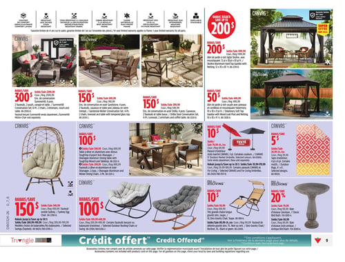 Circulaire Canadian Tire - Page 11. Cette page présente des meubles et accessoires pour l'extérieur. En haut, trois ensembles de conversation sont offerts : le Summerhill 6 pièces (comprenant 2 fauteuils, 2 poufs, un canapé et une table) avec 300 $ de rabais; le Sandstone Wicker 4 pièces (avec 2 fauteuils, une causeuse et une table en verre trempé) avec 150 $ de rabais; et l'Orillia Steel 4 pièces (incluant 2 fauteuils, une causeuse et une table basse) avec 150 $ de rabais. Deux abris de jardin sont également en promotion : le Skyline à toit rigide de 12 x 10 x 10 pieds avec 200 $ de rabais, et le Tobermory à toit souple de 10 x 10 x 9 pieds avec 50 $ de rabais. Au centre de la page, un fauteuil suspendu Sydney en osier est à 150 $ de rabais. Un ensemble de salle à manger Okanagan en aluminium avec plateau en bois ToughTop et des chaises en osier est à 100 $ de rabais. Un parasol d'extérieur Canvas, disponible en plusieurs couleurs, est à 10 $ de rabais. Des tapis d'extérieur Canvas de 4 x 6 pieds, avec motifs variés, sont à 5 $ de rabais. En bas de page, des fauteuils berçants ou balançoires d'extérieur sélectionnés sont à 100 $ de rabais. Une grande chaise longue zéro gravité XL, offerte en beige, taupe, noir ou vert, est à 10 $ de rabais. Enfin, un bain d'oiseaux classique antique bénéficie d'un rabais de 20 %.
