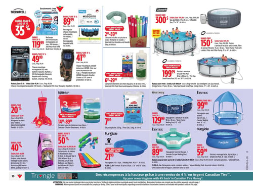 Circulaire Canadian Tire - Page 12. La page présente des produits pour l'extérieur et la piscine. En haut à gauche, des produits Thermacell avec jusqu'à 35 % de rabais, incluant des recharges anti-moustiques de 240 heures à 119,99 $, des recharges de 144 heures à 89,99 $, un chasse-moustiques E65 avec station d'accueil à 49,99 $, un modèle portatif Adventure MR300 à 41,99 $ et un modèle Backpacker à 41,99 $. Des recharges de répulsif à moustiques sont aussi à 89,99 $. Des nouilles de piscine et chaises flottantes sont offertes de 2,99 $ à 59,99 $. Des traitements de chlore Aquarius et de choc HTH sont de 6,29 $ à 29,99 $. En haut à droite, un spa gonflable Coleman est à 300 $. Des piscines à armature Hydro-Force sont à 150 $ pour le modèle 15 pi x 48 po et à 199,99 $ pour le modèle 10 pi x 30 po. Un spa intelligent Salu Spa Hawaii est à 199,99 $. En bas à gauche, une mangeoire en verre pour colibris est à 20 % de rabais. Des traitements au chlore Aquarius sont de 14,49 $ à 89,99 $. Des grains pour oiseaux Armstrong de 22,6 kg sont à 40 % de rabais. Des ensembles de ballons et blasters Zuru X-Shot, ainsi qu'une glissade Whamo 16 pi, sont offerts avec jusqu'à 50 % de rabais. En bas à droite, du sel pour piscine Siflo de 20 kg est à 7,49 $. Une pataugeoire à armature Bestway de 10 pi x 26 po est à 129,99 $. Une pataugeoire Intex avec auvent de 6 pi x 15 po est à 99,99 $. Une pataugeoire Funsicle de 45 po x 8 po est à 21,99 $. Une pataugeoire Intex Summer Escape est à 89,99 $. Enfin, une piscine à montage facile Funsicle de 8 pi x 26 po est à 59,99 $.