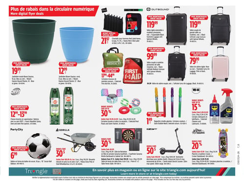 Circulaire Canadian Tire - Page 13. La page présente une variété de produits pour la maison, le jardin, les loisirs et les voyages. En vedette, deux jardinières rondes Bloem Dayton, de 16 po à 19,99 $ et de 12 po à 12,99 $, disponibles en bleu ou vert. Pour les vêtements, des chandails pour hommes Red Label Hanes, paquet de 6, sont offerts à 21,97 $. La section voyage propose des valises Outbound : une valise rigide extensible noire à 119,99 $, une valise souple moyenne noire à 99,99 $, une valise de cabine rigide rose ou noire à 79,99 $, et une valise de cabine souple noire à 84,99 $. Des trousses de premiers secours sont disponibles de 17,99 $ à 44,99 $. Pour l'extérieur, des chasse-insectes en vaporisateur avec ou sans DEET sont à 12,99 $ ou 13,99 $. Des bouées et aides à la natation bénéficient d'un rabais allant jusqu'à 30 %, avec des prix variant de 19,99 $ à 24,99 $. Des baguettes à bulles géantes de diverses couleurs sont à 1,49 $. Les nettoyants et lubrifiants WD-40 sont offerts avec un rabais allant jusqu'à 15 %, avec des prix variant de 9,99 $ à 21,99 $. Pour les loisirs, un ballon de soccer de 18 po est à 6,99 $. Une brouette robuste Gorilla en poly ou en acier de 6 pieds cubes bénéficie d'un rabais de 30 $ sur les prix de 169,99 $ à 199,99 $. Une cible de fléchettes en fibre et armoire EastPoint Sonoma est en rabais de 30 % sur 69,99 $. Une table de tennis de table Penn de 6 pieds est en rabais de 15 % sur 239,99 $. Une trottinette électrique Zenith pour adultes, avec une vitesse de 32 km/h et une autonomie de 50 km, est en rabais de 50 $ sur les prix de 959,99 $ à 1009,99 $. Enfin, des planches à roulettes Cruiser ou Selected Skateboards sont en rabais de 20 % sur les prix de 47,99 $ à 59,99 $.