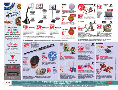 Circulaire Canadian Tire - Page 16. La page présente une variété d'articles de sport et de jeux d'extérieur, ainsi qu'une publicité pour Party City. Dans la section des paniers de basketball, on trouve trois systèmes portables Spalding avec des rabais de 400 $, 200 $ et 270 $. Des ballons de basketball Wilson et Spalding sont aussi offerts avec des rabais de 5 $ à 10 $, à partir de 22,99 $. Un ballon de basketball Evolution Wilson, taille 6, est à 99,99 $. La section des jeux d'extérieur propose un ensemble de balançoires en bois Grand Mesa SportsPower à 799,99 $ (rabais de 450 $), un trampoline Jumptek de 14 pi à 349,99 $ (rabais de 150 $), un ensemble de balançoires Wilderness KidKraft à 349,99 $ (rabais de 100 $) et une maisonnette de jeu Maple Leaf Backyard Discovery à 299,99 $ (rabais de 80 $). Des rabais jusqu'à 180 $ sont offerts sur des modèles choisis de maisonnettes de jeu, trampolines et châteaux gonflables. Un jeu gonflable Jump 'N Slide Little Tikes de 9 pi x 12 pi x 6 pi H est à 379,99 $. Pour l'équipement sportif, un bâton de balle molle Worth de 34 po, 27 oz, est à 49,99 $ (rabais de 10 %). Un gant de baseball Rawlings Players Series est à 41,99 $ (rabais de 15 %). Un ballon de soccer Adidas Starlancer bleu, taille 5, est à 20,99 $ (rabais de 15 %). Un mini ballon de football Nike est à 13,99 $ (rabais de 10 %). Des rabais jusqu'à 30 % sont offerts sur certains articles de baseball et soccer. Deux ensembles LEGO édition soccer sont à 89,99 $ (rabais de 10 $). Enfin, des accessoires de hockey de rue, incluant mini bâtons et patins à roues alignées, sont à 29,99 $ (rabais de 40 $). Un trampoline Springfree de 8 pi x 11 pi est à 1599,99 $ (rabais de 200 $). Certains jeux d'extérieur Rec-Tek sont à 33,99 $ (rabais de 5 $). Un jeu de poches (cornhole) Outbound est à 99,99 $ (rabais de 20 %). Des modèles choisis de tables d'eau, balançoires et bacs à sable Fisher-Price Outdoor Gym sont à 99,99 $ (rabais de 100 $). La page inclut également une publicité pour Party City, invitant à organiser une fête inoubliable pour les finissants et à magasiner les ballons et décorations de fête chez Canadian Tire et Party City.