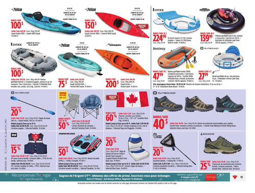 Circulaire Canadian Tire - Page 17. La page présente des offres sur l'équipement nautique et de plein air. En haut, des kayaks : le Pelican Aspire 100X avec 100 $ de rabais, prix soldé 629,99 $, et le Pelican Summit 100X avec 150 $ de rabais, prix soldé 349,99 $. Des flotteurs gonflables sont aussi en vedette : l'Intex Splash 'N Chill à 224,99 $ (50 $ de rabais) et un flotteur taureau pour le lac à 139,99 $ (40 $ de rabais). Plus bas, le bateau gonflable Intex Mariner 3 à 100 $ de rabais (prix soldé 349,99 $), le kayak Pelican Sentinel 80X à 75 $ de rabais (prix soldé 324,99 $) et le kayak Sun Dolphin Aruba à 200 $ de rabais (prix soldé 299,99 $). Un bateau gonflable Bestway Kondor 3000 est à 47,99 $ (10 $ de rabais) et une bouée gonflable de lac Outbound à 27,99 $ (5 $ de rabais). La section plein air propose une pagaie de kayak Outbound à 20 % de rabais, prix soldé 55,99 $. Des fauteuils de camping sont offerts avec jusqu'à 50 % de rabais, prix soldé de 14,99 $ à 104,99 $. Un drapeau canadien est à 60 % de rabais, prix soldé 11,99 $. Des bottes de randonnée imperméables Outbound pour adultes sont à 40 $ de rabais, prix soldé 59,99 $. On trouve également des VFI HH pour toute la famille à 15 % de rabais, prix soldé de 48,99 $ à 71,99 $. Une bouée tractable Airhead Griffin 2 est à 50 % de rabais, prix soldé 249,99 $. Un siège de bateau de luxe en vinyle est à 20 % de rabais, prix soldé 79,99 $. Une épuisette pliante Lucky Strike est à 20 % de rabais, prix soldé 39,99 $. Enfin, des chaussures de randonnée Woods pour hommes sont à 25 % de rabais, prix soldé 79,99 $.